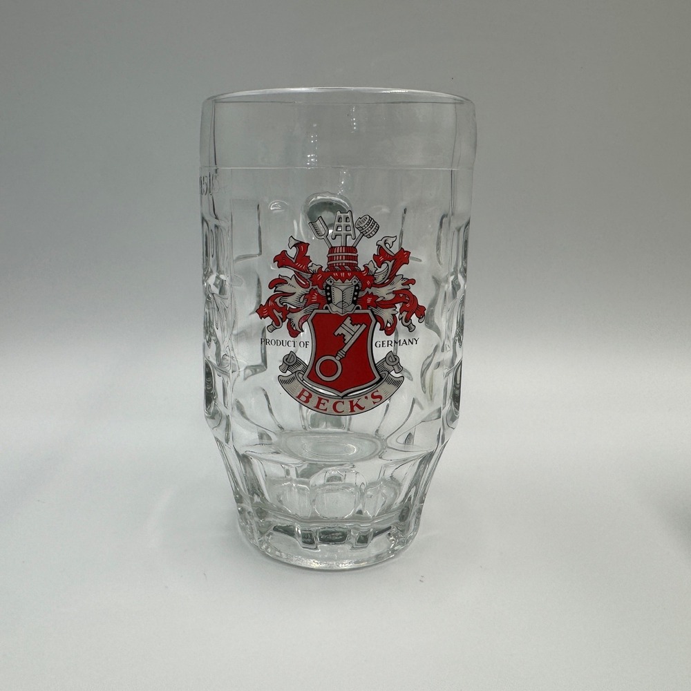 Becks Beer Stein Mug .5L Dimpled Glass Product of Germany Red Crest Logo Barware